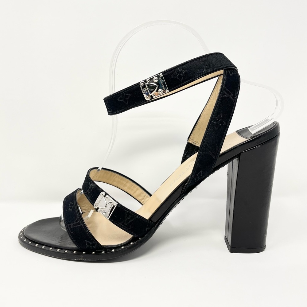 Louis Vuitton Mini Lin Logo Monogram Black Sandals High Heels Shoes Womens 40 10 - Picture 4 of 12